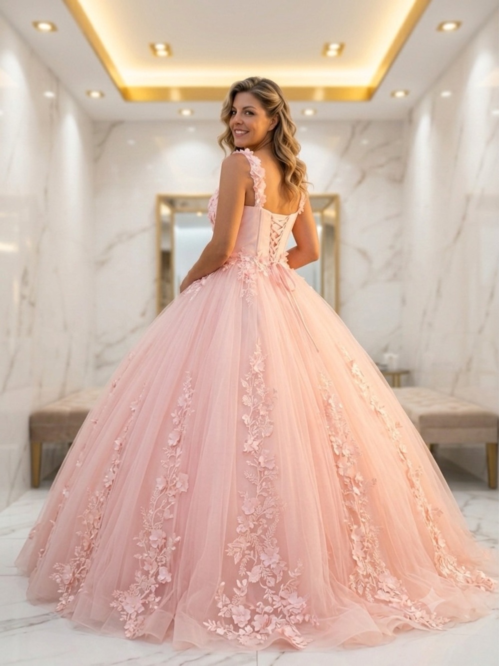 Elegant Pink Ball Gown Dress with Floral Appliqué